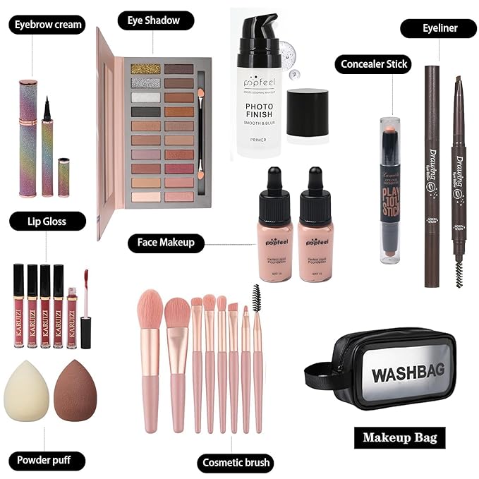 All in One Makeup Kit, Includes 20 Colors Eyeshadow Palette, RUIGPRO Foundation & Face Primer, Makeup Brush, Makeup Sponge, Eyebrow Soap, Winged Eyeliner Stamp, Gift Set for Women, Girls & Teens