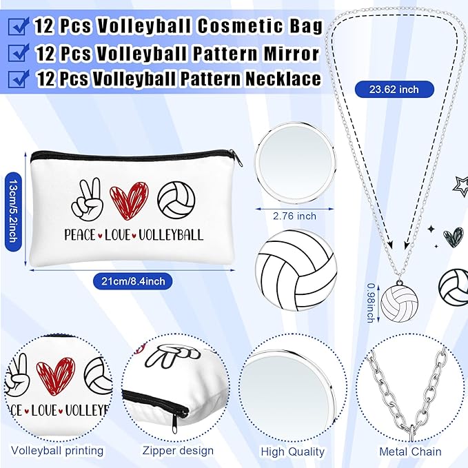 72 Pcs Sports Team Gifts Include 12 Makeup Bags 12 Lip Balm 12 Lip Balm Holder 12 Necklace 12 Adjustable Bracelet 12 Mirrors for Sports Lovers Players Party Favors (White, Volleyball)