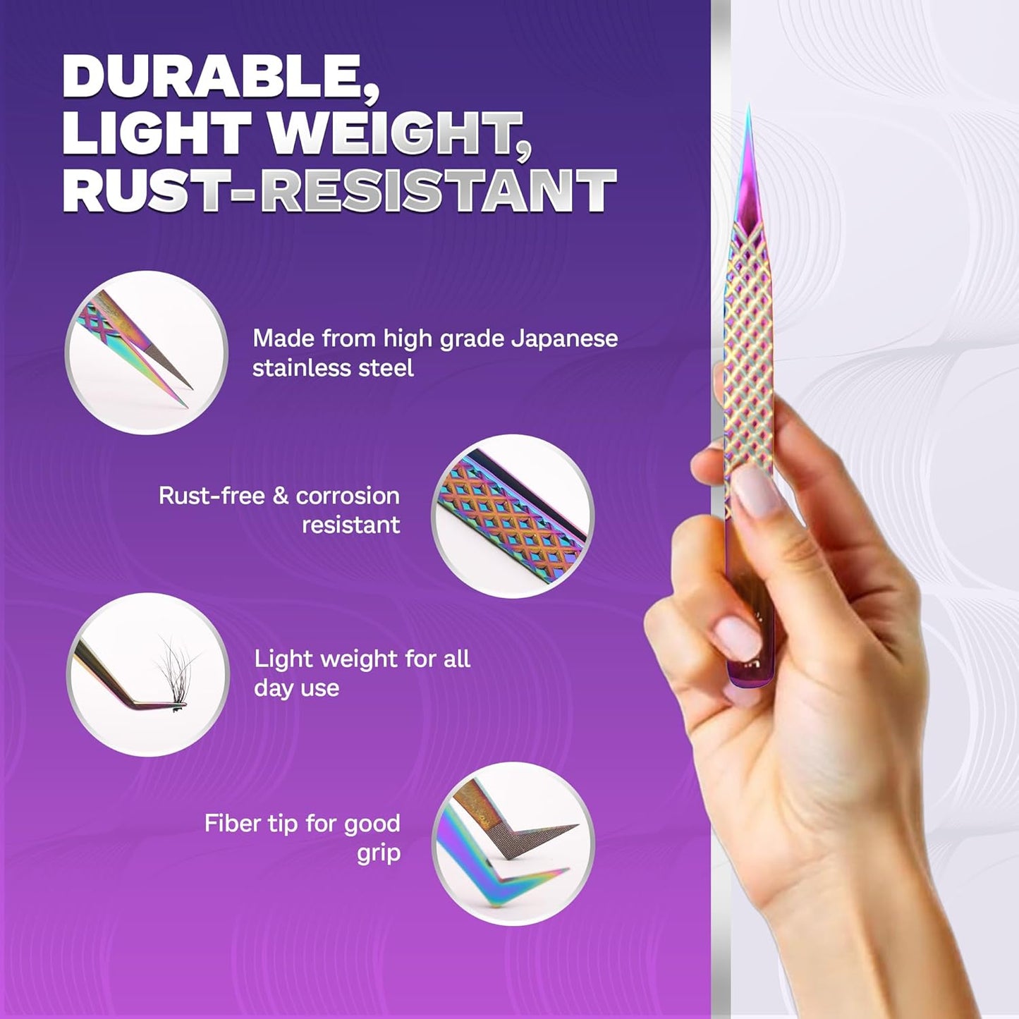 5 Pcs Fiber-Tip Japanese Steel Lash Tweezer Set with Leather Case, Professional Eyelash Tweezers for Lash Extensions – Titanium Coated, 90 & 45 Angled, Precision Pointed Tweezers (Rainbow Color)