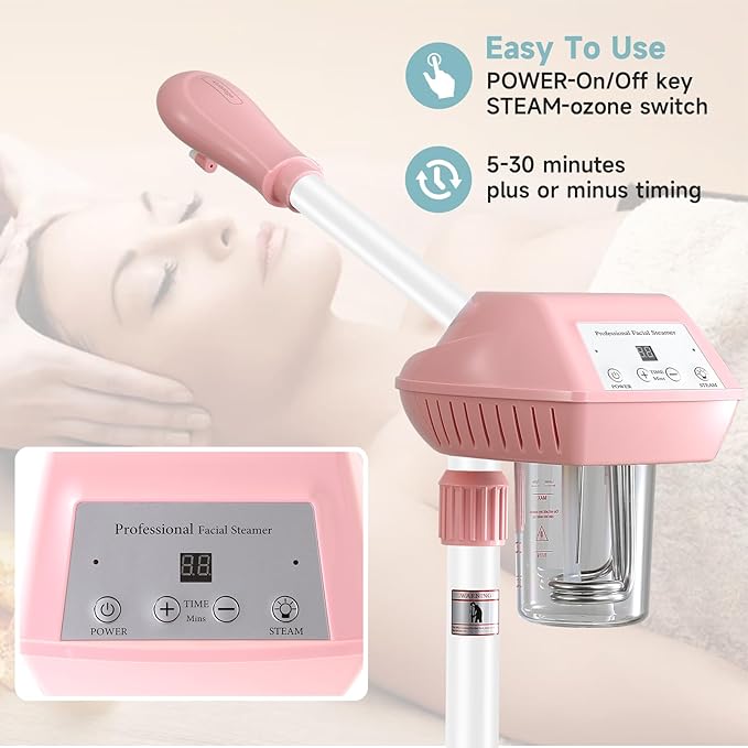 Face Steamer on Wheel Professional Ozone Face Steamer for Deep Facial Cleansing Pink