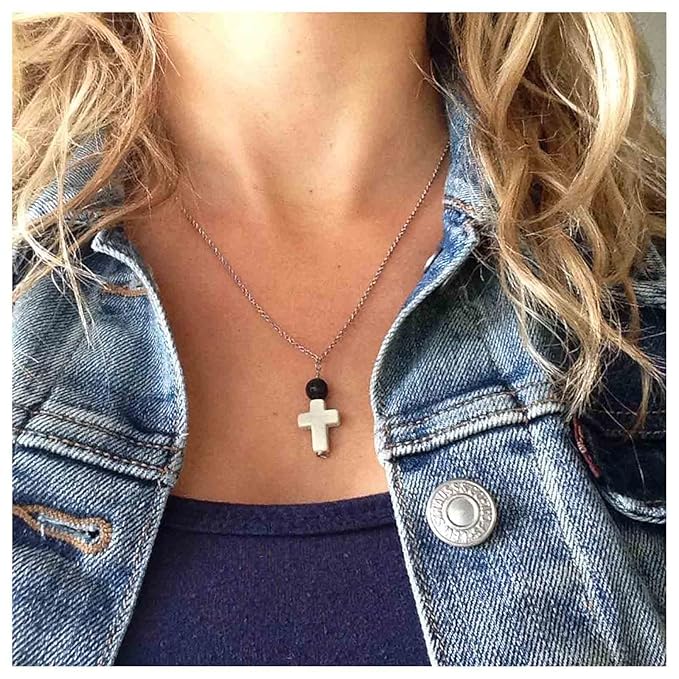 Boho Cross Pendant Necklace Black Lava Bead Choker Necklace Silver Chain Necklace Minimalist Everyday Necklace Jewelry for Women and Girls