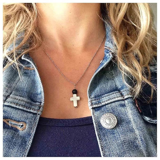 Boho Cross Pendant Necklace Black Lava Bead Choker Necklace Silver Chain Necklace Minimalist Everyday Necklace Jewelry for Women and Girls