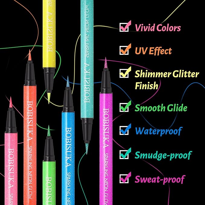 BOBISUKA UV Shimmer Glow Liquid Eyeliner Set, 7 Colors Glitter Neon Colored Eyeliners Pen, Colorful Waterproof Pigmented Graphic Liners, Metallic Eye Makeup Kit for Rave Accessories Party