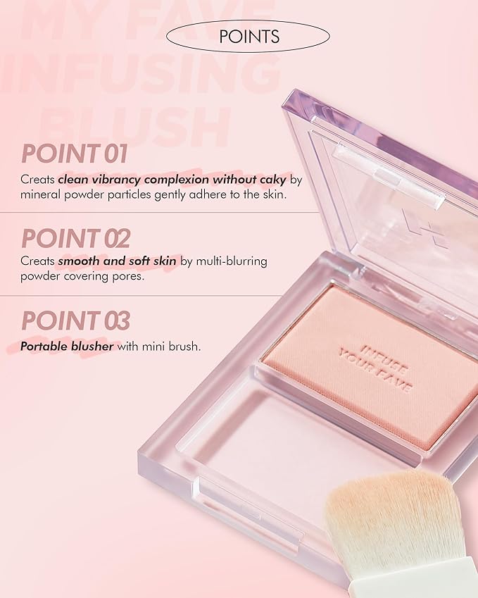 HOLIKA HOLIKA Infusing Blush with Brush - Lightweight, Smooth, Blendable Cheek Blusher, Sebum-Control, Natural Pore Coverage, Built-In Brush, Long-Lasting Pigment for Romantic Mood (06 FLUTTER)