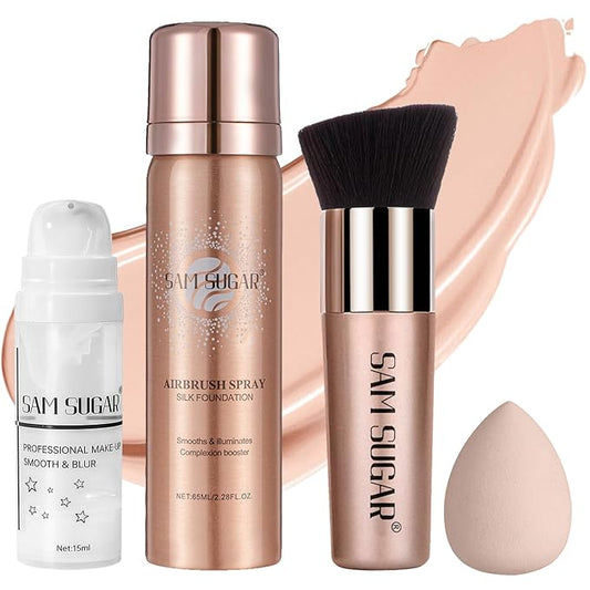 AirBrush Foundation Spray Set, Spray Foundation Makeup and Hydrating Face Primer Kit, Longwear Waterproof Liquid Matte Foundation Mist for Flawless Look, Brush and Sponge Include (#2 Natural)