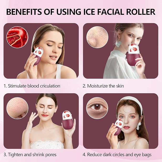 Ice Roller for Face and Eye, Silicone Ice Facial Roller Ice Holder, Face Ice Mold Skin Care, Face Icers Reusable Ice Cube Roller for Shrink Pores Anti Wrinkle Reduce Puffiness, Rose