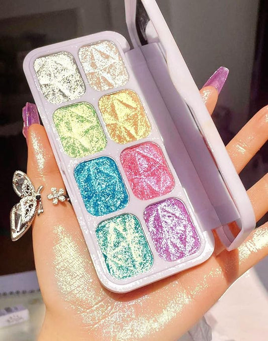 8 Color Face Cheek Highlighter Makeup Palette Shimmer Glitter Iridescent Multichrome Holographic Eyeshadow Palette Purple Rainbow Glitter Highlighter Makeup Highlight and Contour Palette Eye Makeup