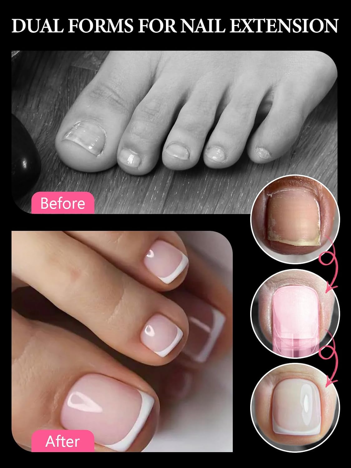 EBANKU Poly Gel Toenail Kit, Reusable Toe Dual Nail Forms with 2.5oz Slip Solution Poly Gel Nail Kit for Toe Nail Tips for Women with Double-end Brush, File, Clips, Liquid Container, 120PCS, 12 Sizes