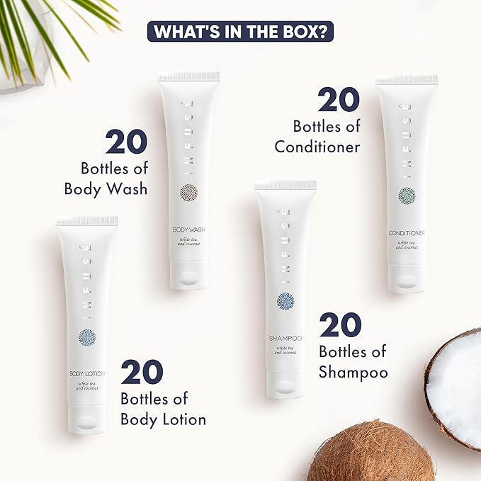 Infuse White Tea & Coconut Hotel Toiletries Bulk Set | 1-Shoppe Amenities Kit | 1oz Shampoo & Conditioner, Body Wash, Lotion | Travel Size | 80 Pieces