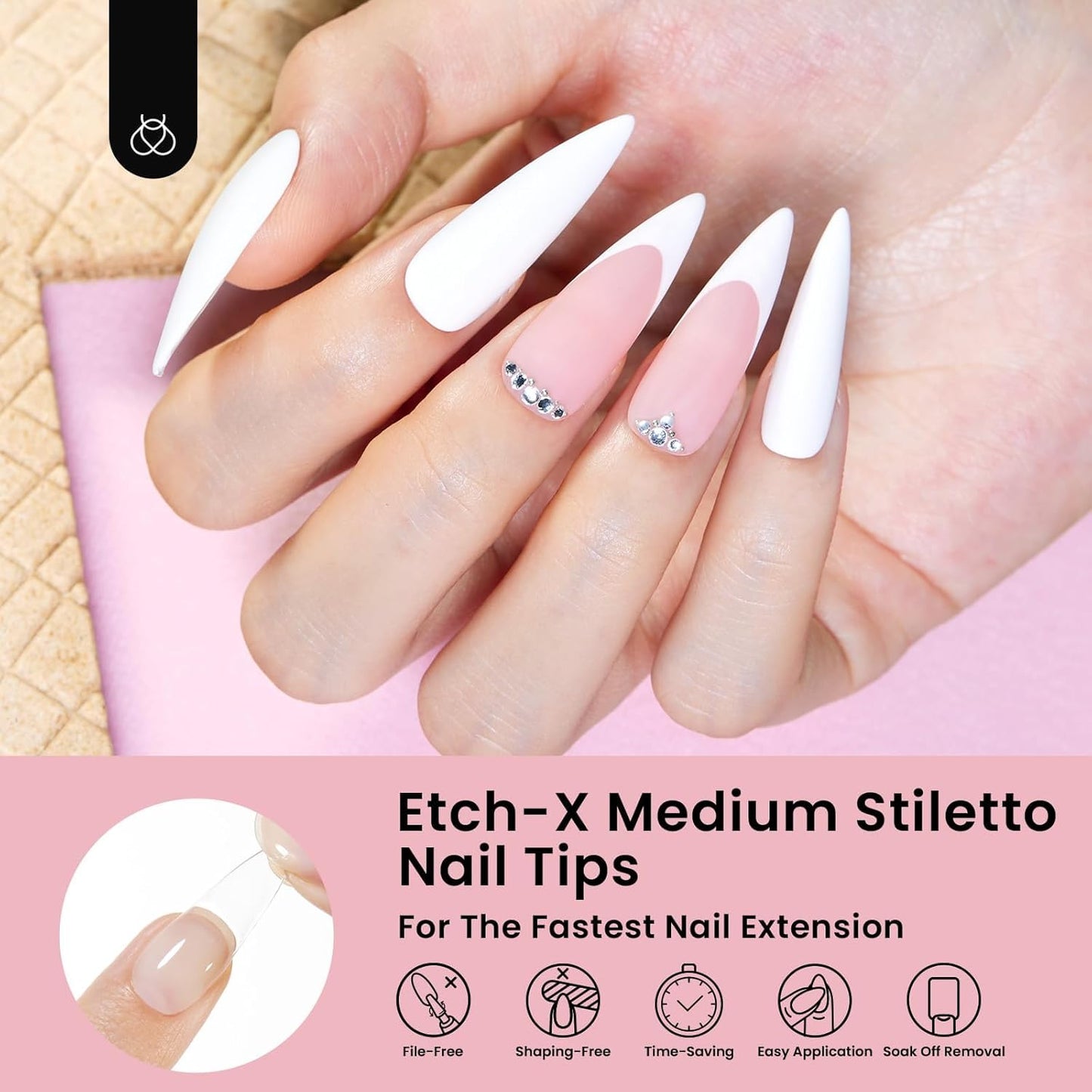 Beetles Gel Nail Tips Etch-X, Stiletto Medium, 576Pcs 12 Sizes, Pre-Etched Half Matte Full Cover Soft Acrylic Fall Halloween False Nail Tips Easy DIY Press On Nail Extensions Salon Gift for Women