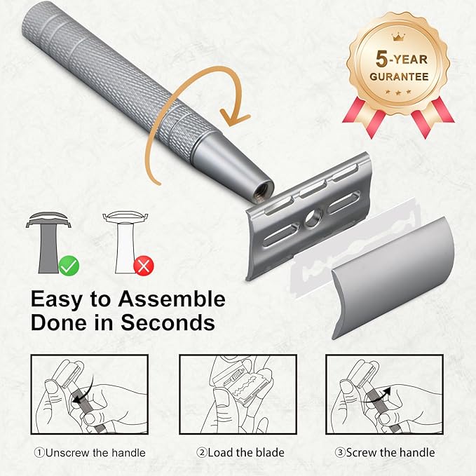 Double Edge Safety Razor with Stand, Single Blade Razors for Men and Women, Reusable Metal De Razor, Men's Safety Shaving Razors with 10 Double Edge Blades, Smooth and Close Shave, Matte Silver