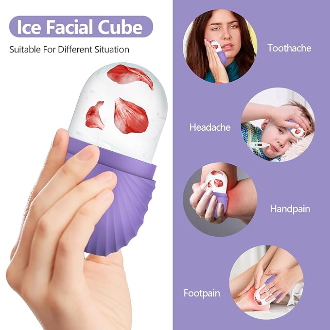 Ice Roller for Face and Eye, Silicone Ice Facial Roller Ice Holder, Face Ice Mold Skin Care, Face Icers Reusable Ice Cube Roller for Shrink Pores Anti Wrinkle Reduce Puffiness, Purple