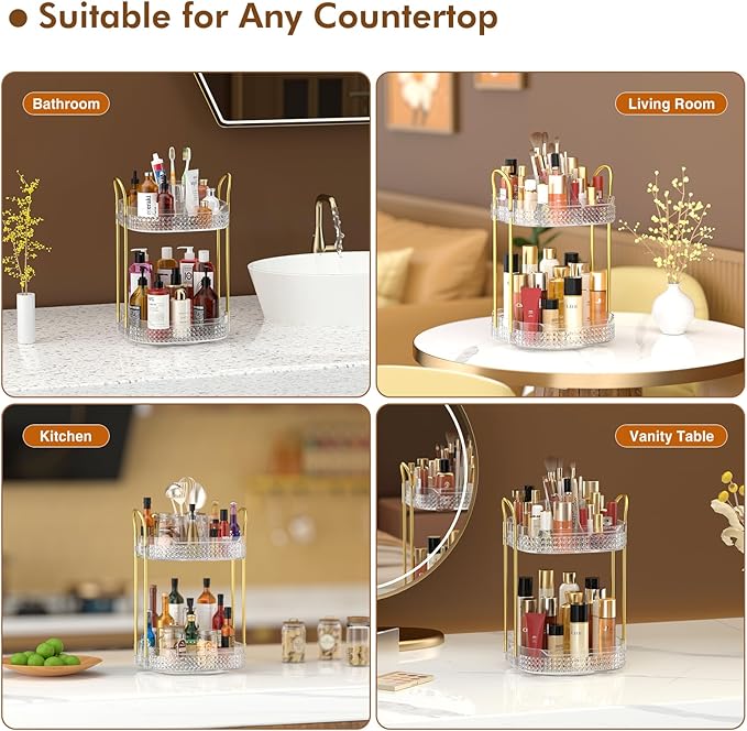 Awenia Rotating Makeup Organizer 360, Stackable Adjustable Large Capacity Cosmetic Storage Unit,Dresser Bathroom Kitchen Countertop Organizer with Metal Handle, Plus Size (Clear, 2 Tier)