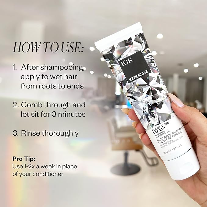 IGK - EXPENSIVE - Clear Hair Gloss Treatment – Shine-Boosting Top Coat for Glass Hair – Hair Treatment for Smooth, Polished Finish – Clear Gloss for Hair Sheen and Silkiness - Cruelty Free 4.2oz