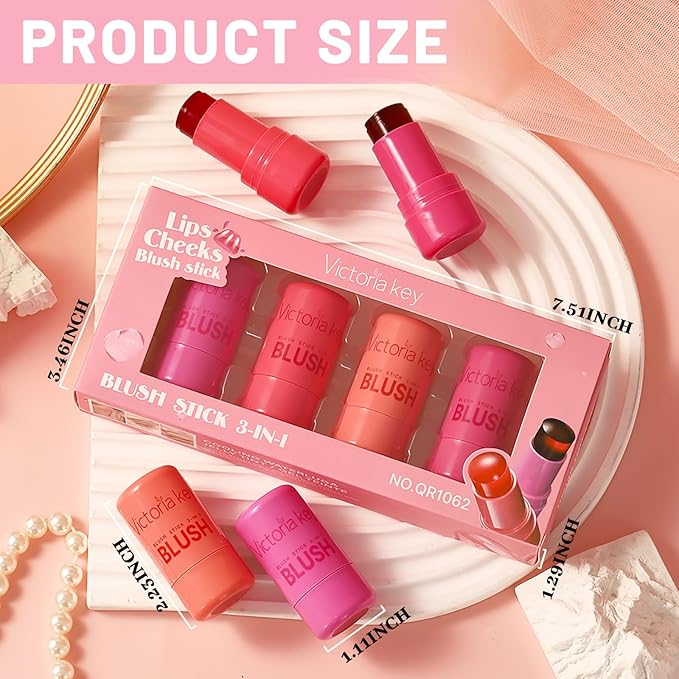 4 Pcs Jelly Blush Stick,Sheer Lip & Cheek Stain Makeup Cooling Water Jelly Tint, Multiple Use Long Lasting Jelly Texture Non-Stick Blush for Cheeks, Pigmented Waterproof Makeup Blush