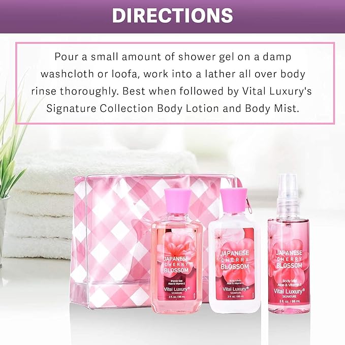 Bath & Body Kit Japanese Cherry Blossom, 3 Fl Oz, Ideal Skincare Gift, Home Spa Set, Includes Body Lotion, Shower Gel and Fragrance Mist, Perfect for Christmas Gifts and Festive Pampering