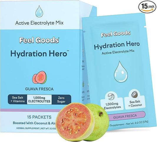Feel Goods Hydration Hero, 1,000mg Electrolytes Powder, Sugar Free, Magnesium, Organic Coconut Water, L Theanine, Vitamin C & B12, Non GMO, Keto, Vegan, Electrolyte Packets | Guava Fresca, 15 Count