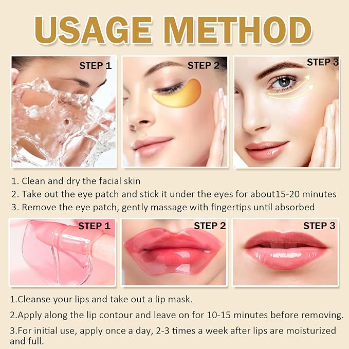 30 Pieces Lip Mask & Under Eye Mask,24K Gold Gel Crystal Collagen Eye Patches, Cherry Lip Masks Skincare,Moisturizing& Reducing Reducing Fine Lines & Dark Circle for Puffy Eyes