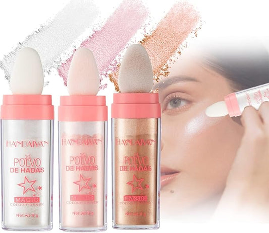 3 Color Polvo De Hadas, Body Glitter Highlighter Powder Fairy Stick for Makeup Shimmer and Shine High Gloss Blush Contour Powder Makeup - Sparkle Patting for Hair Face Eyes Body