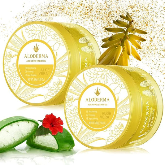 Aloderma Age-Defying Aloe Flower Essence Gel with 24K Gold Leaf, Made within 12 Hours of Harvest - Luxurious Aloe Gel with Allantoin & Hyaluronic Acid for a Shimmering, Youthful Complexion, 7oz 2-Pack