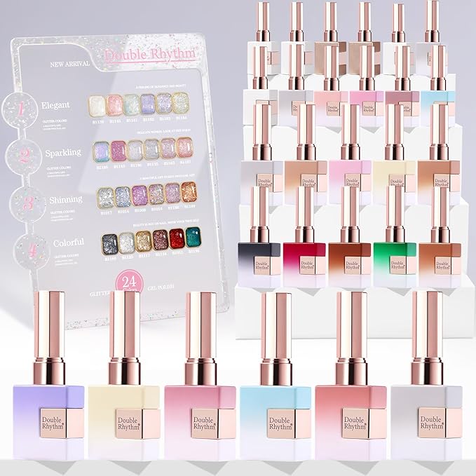 Double Rhythm 28Pcs 0.5Oz Glitter Gel Nail Polish Set Same Color Same Bottle Soak Off Gel Polish Kit Nail Art Manicure Salon DIY at Home (Sparkle Pearl Shimmer Collection-T24-9)