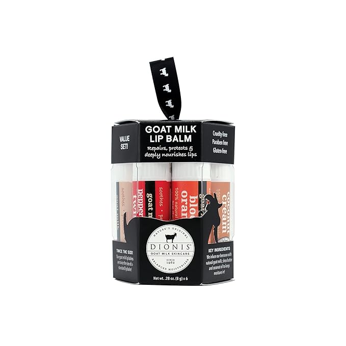 Dionis Goat Milk 6 Pc Lip Balm Ornament - Vanilla, Coconut, Milk & Honey, Berry, Peppermint & Blood Orange Scented Chapstick - Shea Butter & Coconut Oil, Protect & Restore Lips 0.28oz