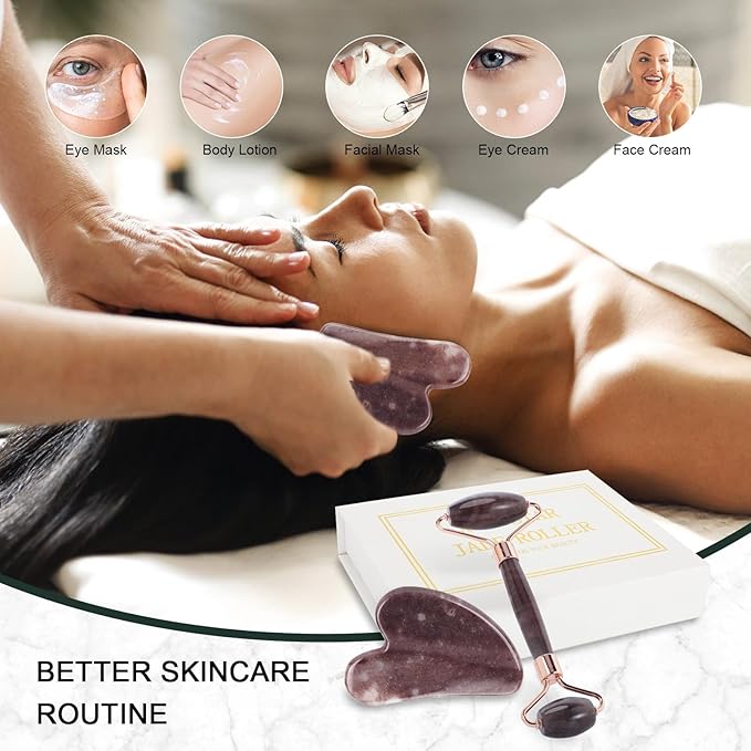 Jade Roller for Face, Facial Roller Massager Skin Care Tool, Gua Sha Facial Tools for Face, Neck, Eyes, Reduce Puffiness of The Skin(Purple)