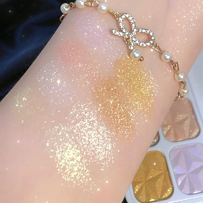 Face Highlighter Palette with Mirror, 8 Colors Glitter Eyeshadow Palette, Diamond Shimmer Glow Contour Palette for Face Highlighters & Luminizers, Long Lasting, Makeup Brush Include