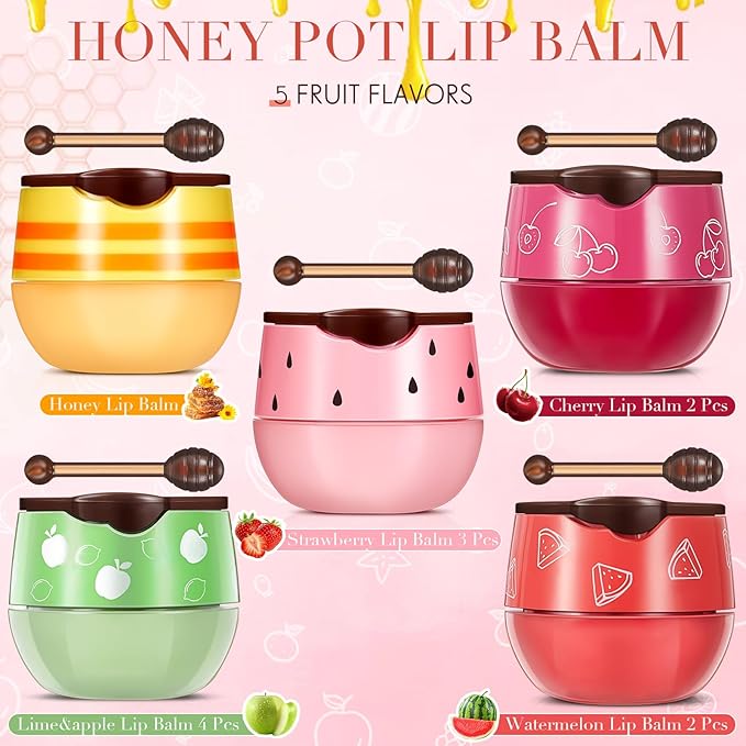 12 Pcs Bee Lip Balm Honey Pot with Brush Propolis Lip Mask Overnight, Moisturizing Hydrating Lip Sleeping Mask Prevention Dry and Cracked(Honey+Strawberry+Watermelon+Apple Lime+Cherry)