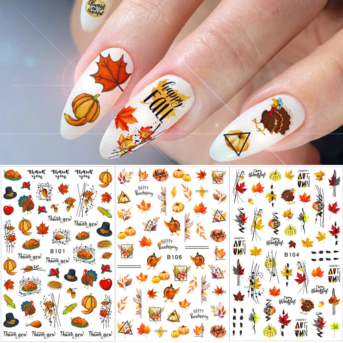 12 Sheets Fall Nail Art Stickers 3D Autumn Leaves Nail Decals Self-Adhesive Thanksgiving Nail Art Accessories Foils Maple Leaf Pumpkin Turkey Nail Designs for Women Girls DIY Manicure Decoration