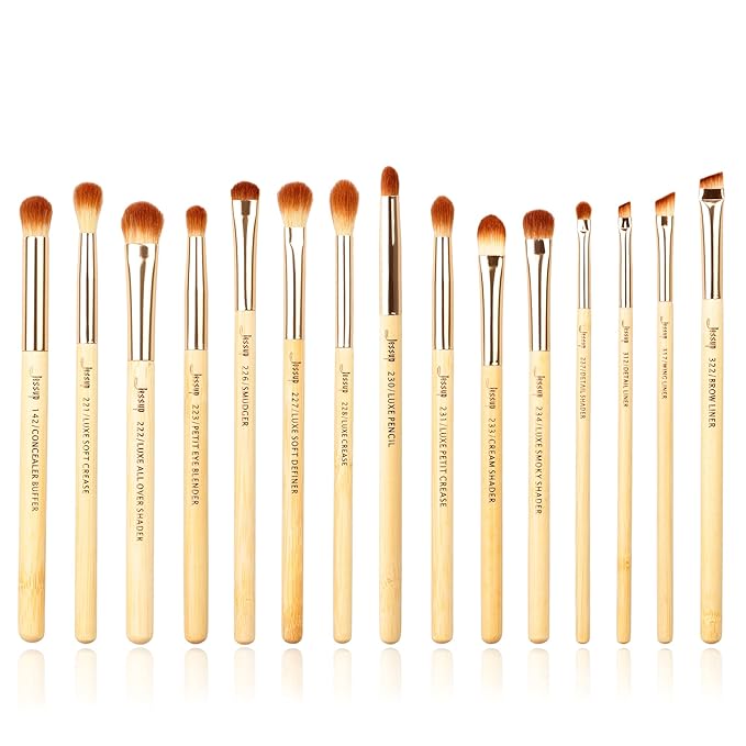 Jessup Eye Makeup Brushes Set, Premium Synthetic Eyeshadow Blending Concealer Eyebrow Eyeliner Brush, 15pcs Labeled Bamboo Make Up Brushes T137