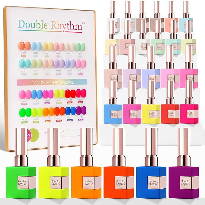 Double Rhythm 28Pcs 0.5Oz Gel Nail Polish Set Same Color Same Bottle Soak Off Gel Polish Kit Nail Art Manicure Salon DIY at Home for Women (Candy Neon Collection-T24-6)