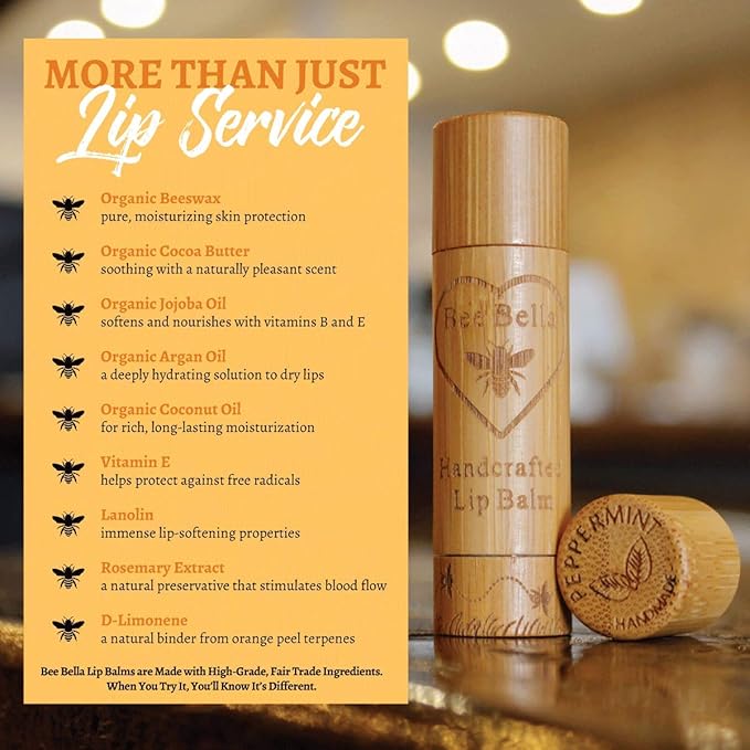 Bee Bella Lip Balm, Peppermint, 3 Pack - Hydrating, Moisturizing Lip Care, 100% Natural, Original Organic Beeswax with Vitamin E, Handmade in USA