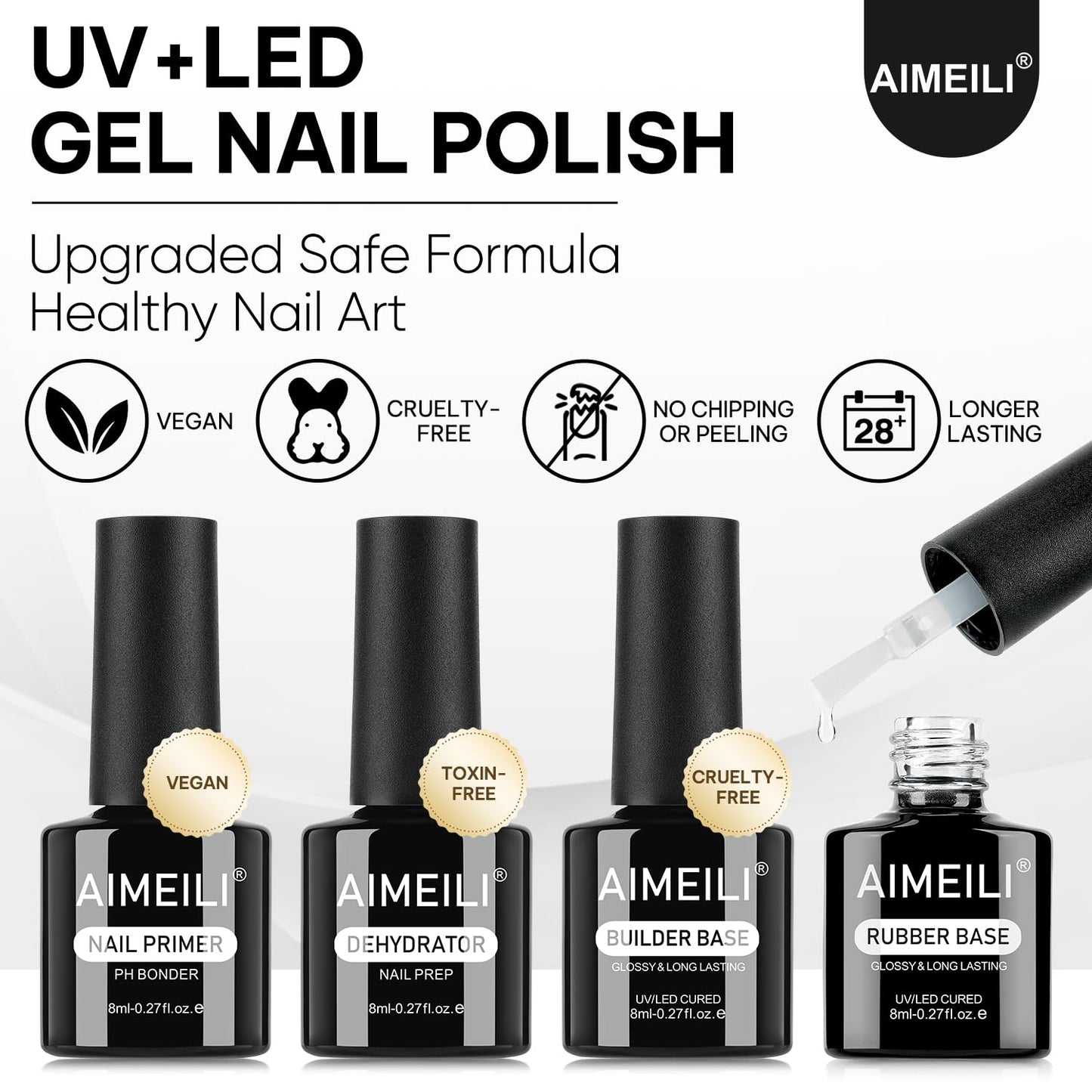 AIMEILI Gel Nail Polish 4pcs, Hema Free, Cruelty Free, Vegan, U V LED Nail Art - Nail Dehydrator Primer, Builder Nail Gel, Rubber Base