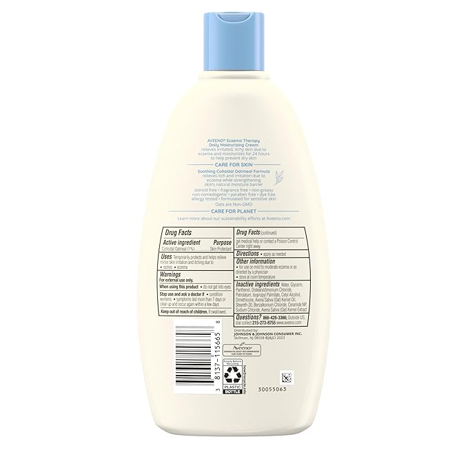 Aveeno Eczema Therapy Daily Moisturizing Body Cream for Sensitive Skin, Soothing Eczema Relief Cream, Colloidal Oatmeal & Ceramide for Dry & Itchy Skin, Steroid- & Fragrance-Free, 12 oz