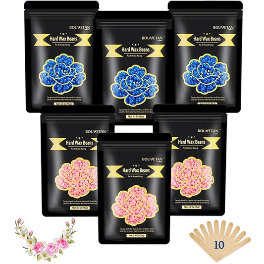 1.3Lb/21oz Wax Beads for Brazilian, Eyebrow, Face, Bikini, Legs, Arms Waxing - 6 Packs with 10 Wax Spatulas for Women and Men