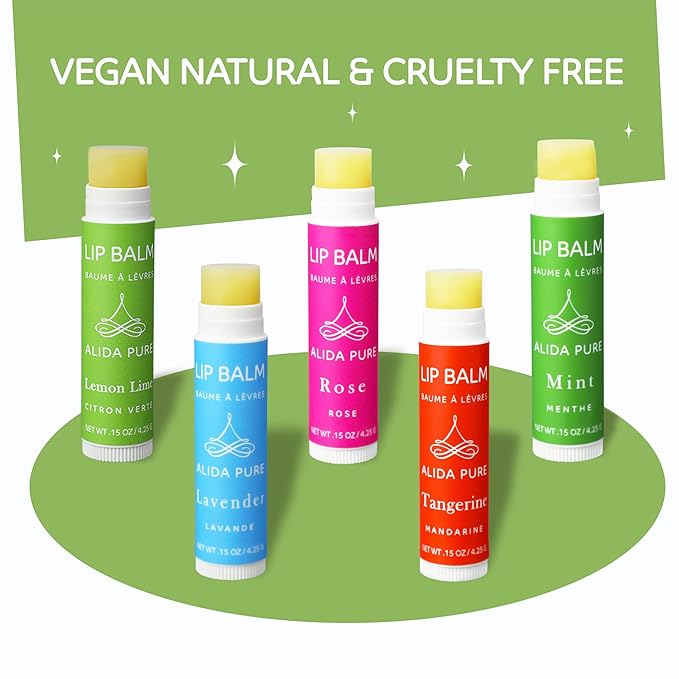 Aria Lip Balm Collection, Vegan Lip Balm Set, Beeswax Free, with Avocado Oil, Organic Jojoba Oil, and Vitamin E, Natural Moisturizer for Dry, Chapped Lips, 5 Tube Set