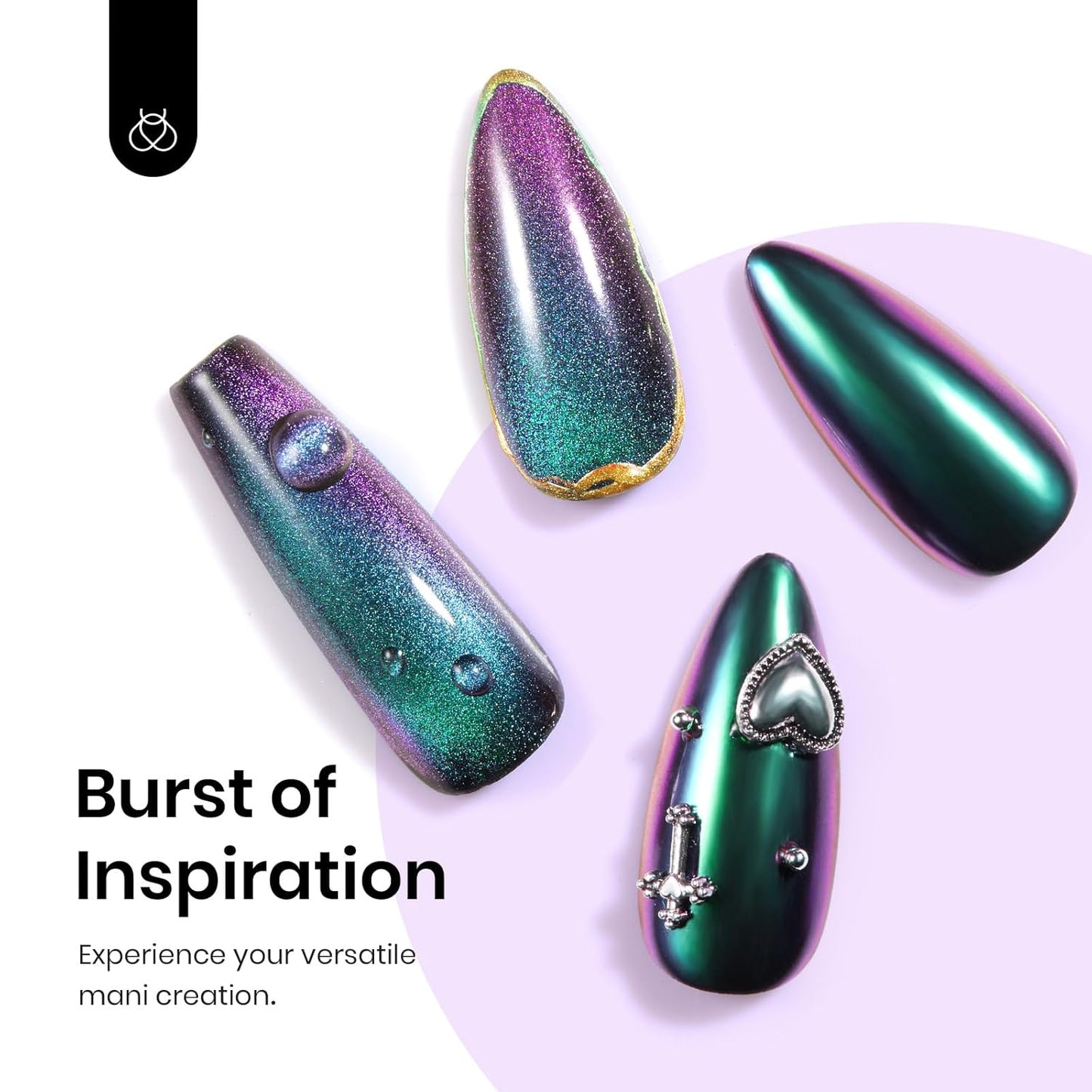 Beetles Cat Eye Chrome Nail Powder Set, 2 in 1 Holographic Metallic Mirror Effect Chameleon Galaxy Powder with No Wipe UV Gel Top Coat Magnet for Velvet Metallic Nail Art
