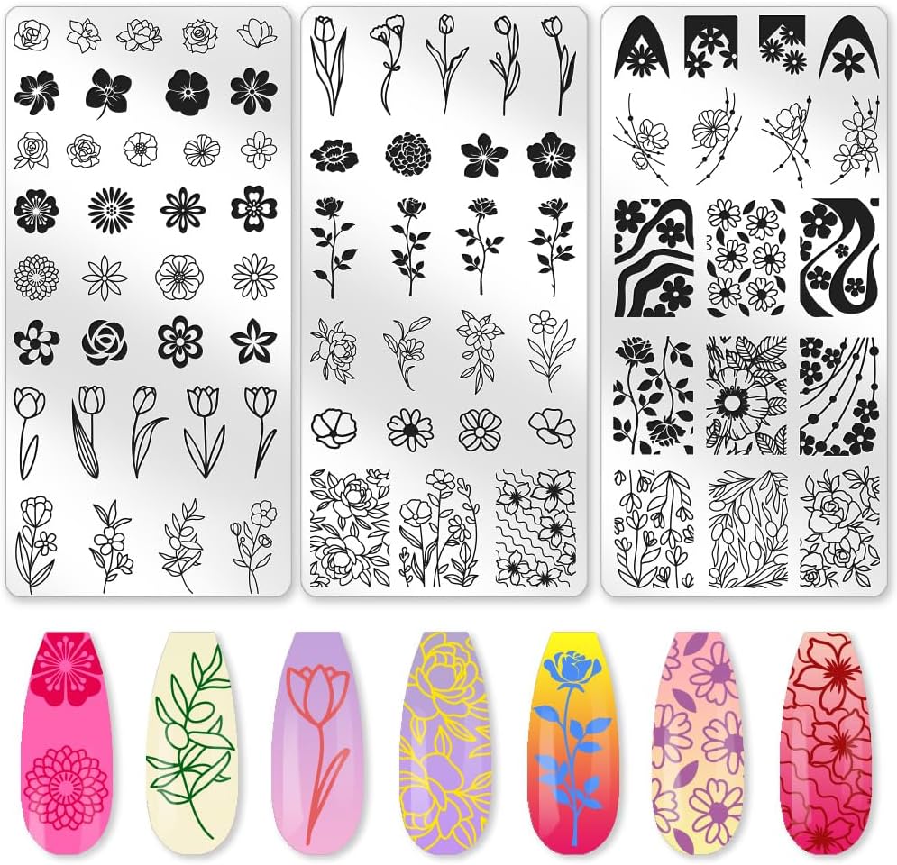 3Pcs Flower Nail Stamping Plate Set Tulips Roses Stainless Floral Steel Nail Stamp Templates Clear Silicone Nails Stamping with Stamper Scraper for Manicure Printing