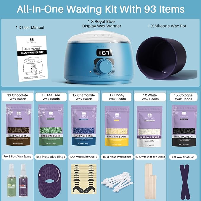 BLITZWAX Back and Nose Waxing Kit for Men, Hard Wax Warmer for Brazilian, Body and Face, At Home Hair Removal Kit, Beginner Friendly, Quick Heating, 93 Accessories, Royal Blue