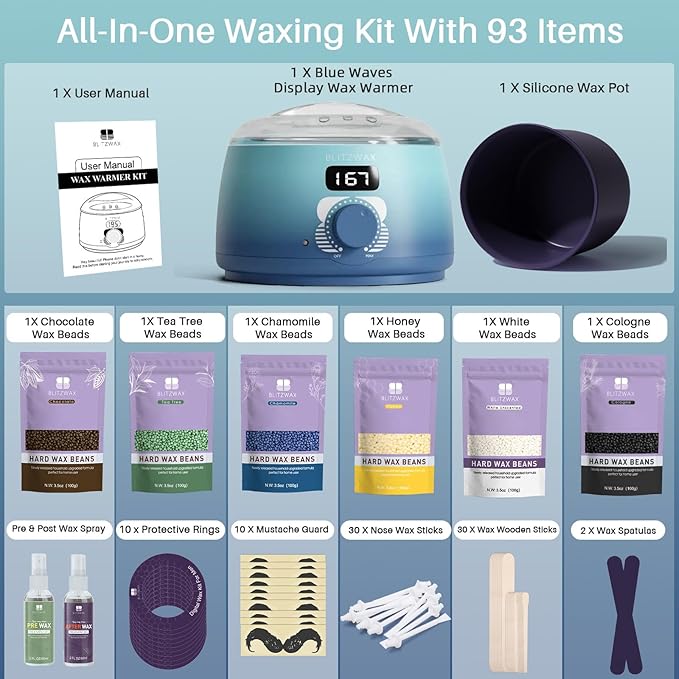BLITZWAX Back and Nose Waxing Kit for Men, Hard Wax Warmer for Brazilian, Body and Face, At Home Hair Removal Kit, Beginner Friendly, Quick Heating, 93 Accessories, Blue Waves