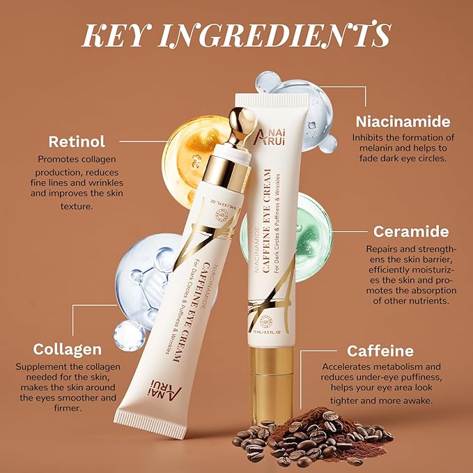ANAI RUI Caffeine Eye Cream, Niacinamide Eye Cream for Dark Circles and Puffiness, Anti Aging & Friming Eye Cream with Eye Roller, Caffeine Under Eye Cream for Puffy Eyes, Bag Treatment 0.5 FL.OZ