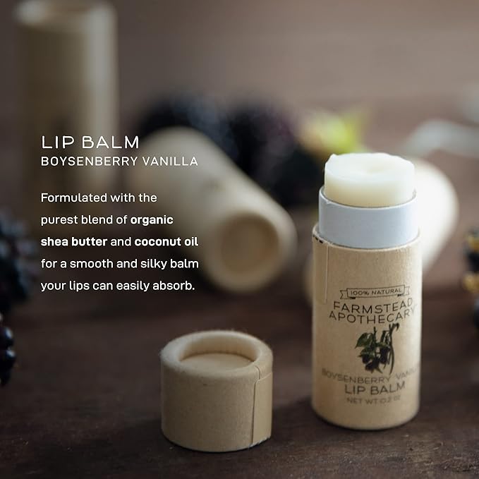 Farmstead Apothecary 100% Natural Lip Balm with Organic Beeswax, Organic Shea Butter & Organic Coconut Oil, Boysenberry Vanilla 0.2oz