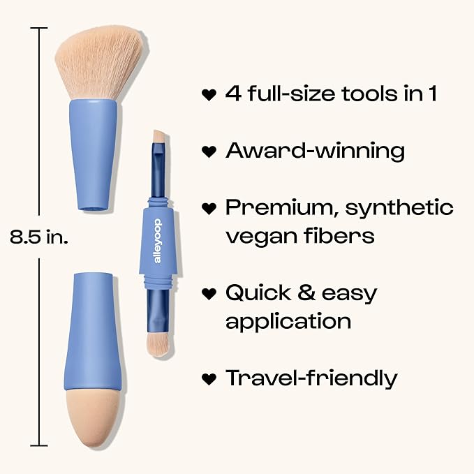 Alleyoop Multi-Tasker 4-in-1 Travel Makeup Brush Set – Compact Makeup Brushes with Blending Sponge, Eyeshadow, Eyebrow & Liner, Blush & Bronzer Brush – Mini Makeup Tools Kit for Women, Vegan