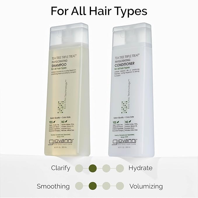 GIOVANNI Tea Tree Triple Treat Invigorating Shampoo & Conditioner Set - Cooling Peppermint, Eucalyptus, Rosemary, Helps Dry, Flaky Scalp, Salon Quality, Vegan, Cruelty Free - 8.5 oz Each