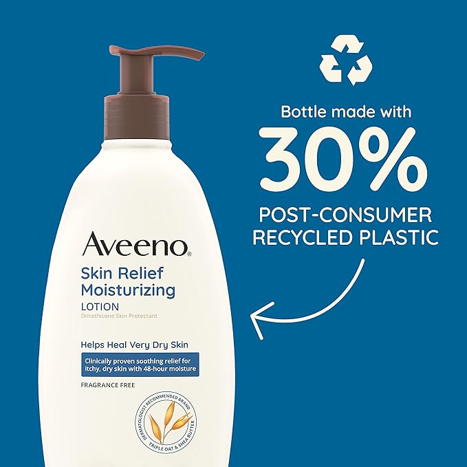 Aveeno Skin Relief Fragrance-Free Moisturizing Lotion for Sensitive Skin, with Natural Shea Butter & Triple Oat Complex, Unscented Therapeutic Body Lotion for Itchy, Extra-Dry Skin, 18 fl. oz