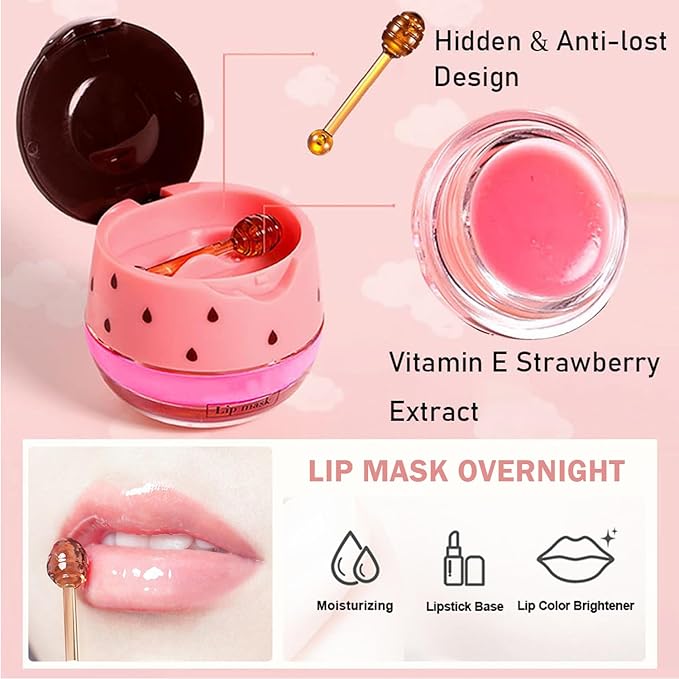 3 PCS Bee Lip Balm Lip Mask Honey Pot,Honey & Strawberry & Watermelon Lip Sleeping Mask,Moisturizing Lip Mask Overnight Prevention Dry and Cracked Lip Scrubs Exfoliator Lip Care