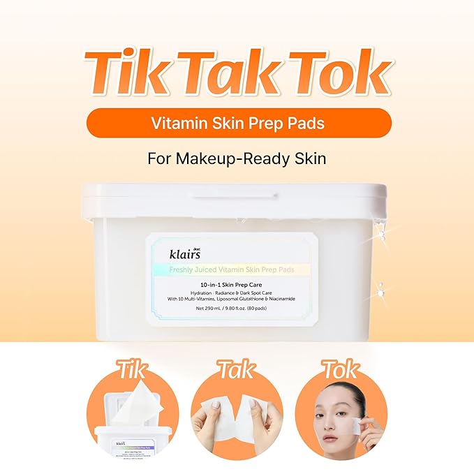 DearKlairs Freshly Juiced Vitamin Toner Pads, TikTakTok Easy Pick & Stick, Makeup Prep, Liposomal Glutathione, Easy-split, Glow, Glass Skin, Exfoliation, 80 pads