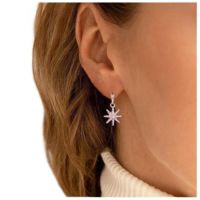 Boho Crystal Sunburst Earrings Rose Gold Star Drop Stud Earrings Cz Paved Starbust Earrings Celestial Earrings Jewelry for Women and Girls