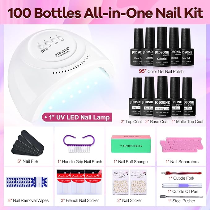 JODSONE 100 PCS Gel Nail Polish Starter Kit with U V Light 95 Colors Macarons Combined with Dark Colors Nail Gel No Wipe Base Coat Top Matte Coat Long Lasting Shine